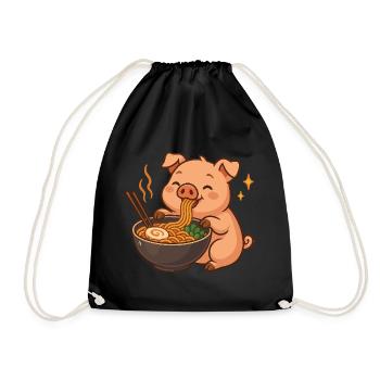 Pig with noodles ramen kawaii pig - Drawstring Bag - black - Front