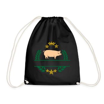 Pig in green laurel wreath with golden yellow crown - Drawstring Bag - black - Front