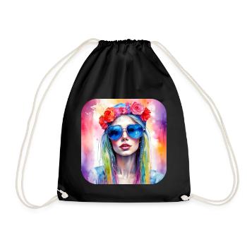 Cooles Girl mit Herzchen Sonnenbrille und Blumen - Turnbeutel - Schwarz - Vorne