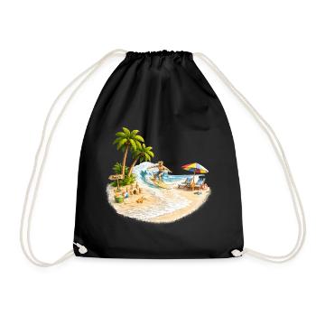 Surfer on the beach with palm trees and wave - Drawstring Bag - black - Front