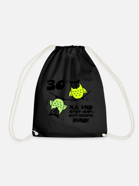30 birthday, owls on the rope, round - Drawstring Bag - black