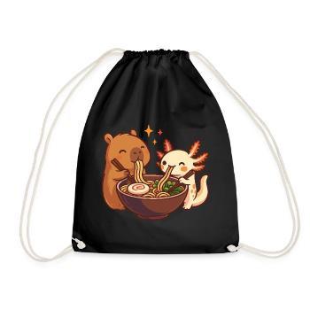 Capybara mit Axolotl isst Nudeln Ramen kawaii - Turnbeutel - Schwarz - Vorne