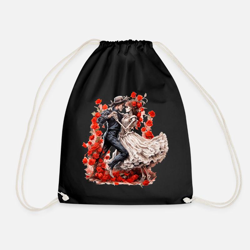 Dancing Skeletons with Roses 2 - Drawstring Bag - black