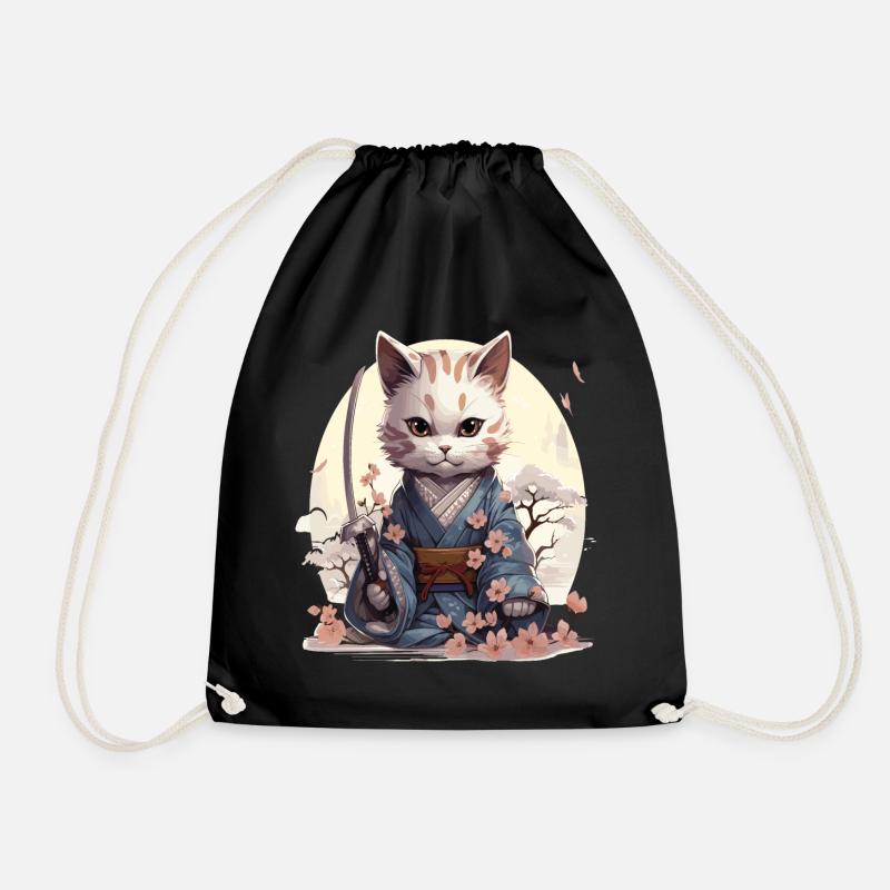 Kawaii samurai cat with katana - Drawstring Bag - black