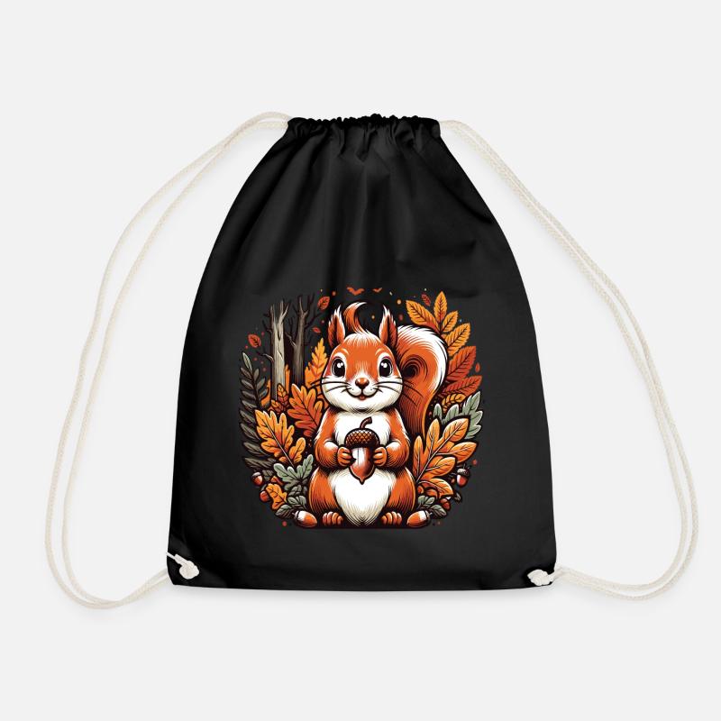 Kawaii Squirrel in an Autumn Forest - Drawstring Bag - black