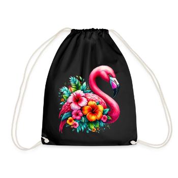 Flamingo verziert mit Hibiskusblüten - Turnbeutel - Schwarz - Vorne