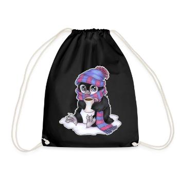 Niedlicher Chibi Pinguin mit Schal und Mütze - Turnbeutel - Schwarz - Vorne