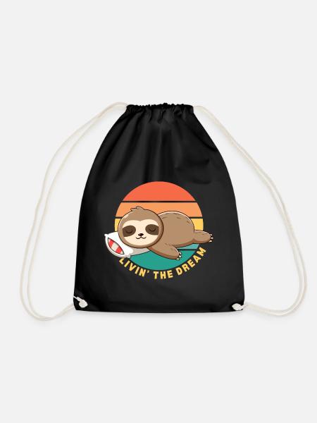 Funny Happy Lazy Sleeping Sloth Livin' the Dream - Drawstring Bag - black