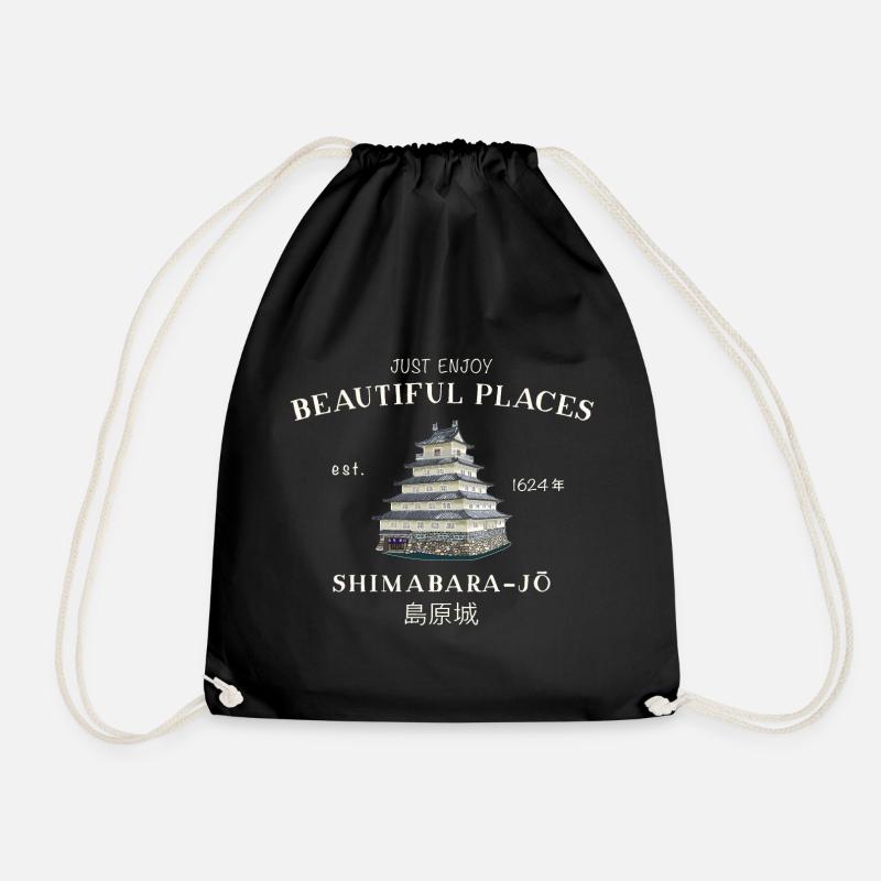 Shimabara Castle, Japan, Beautiful Places Drawing - Drawstring Bag - black