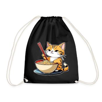 Cute cat with ramen noodles - Drawstring Bag - black - Front