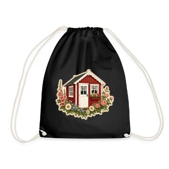 Rotes Schwedenhaus mit Blumen im Tinyhaus Stil  - Turnbeutel - Schwarz - Vorne