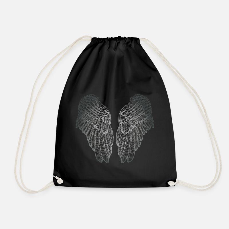 Heart Shaped Silver Guardian Angel Wings - Drawstring Bag - black