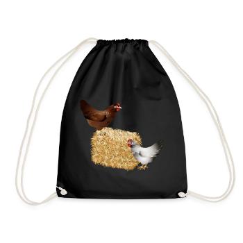 two chickens on a bale of straw - Drawstring Bag - black - Front