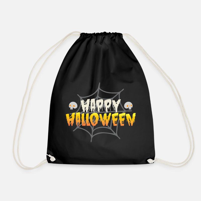 Happy Halloween with spider web and skull - Drawstring Bag - black