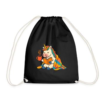 Cute Cozy Unicorn Reading and Coffee Tee - Drawstring Bag - black - Front