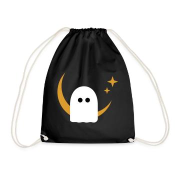 Moon Ghost Badge – Minimal Line‑Art T‑Shirt | Weiß - Turnbeutel - Schwarz - Vorne