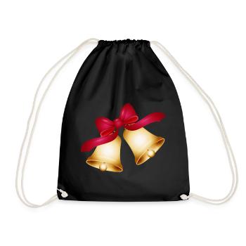 two golden bells with a large red bow - Drawstring Bag - black - Front