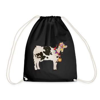 decorated cow with cowbell and floral decorations - Drawstring Bag - black - Front