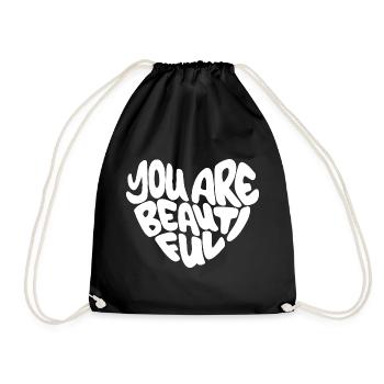 you are beautiful - Lettering / Weiß in herzform - Turnbeutel - Schwarz - Vorne