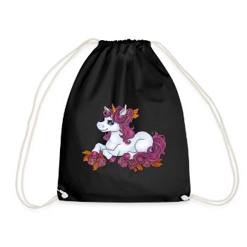 Niedliches Einhorn Kawaii mit Blumen Rosen rosa - Turnbeutel - Schwarz - Vorne