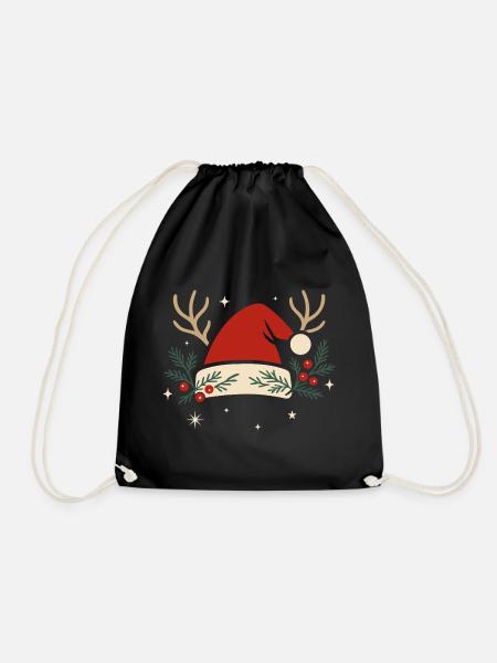 Weihnachtsmütze mit Geweih und Tannenzweigen - Turnbeutel - Schwarz