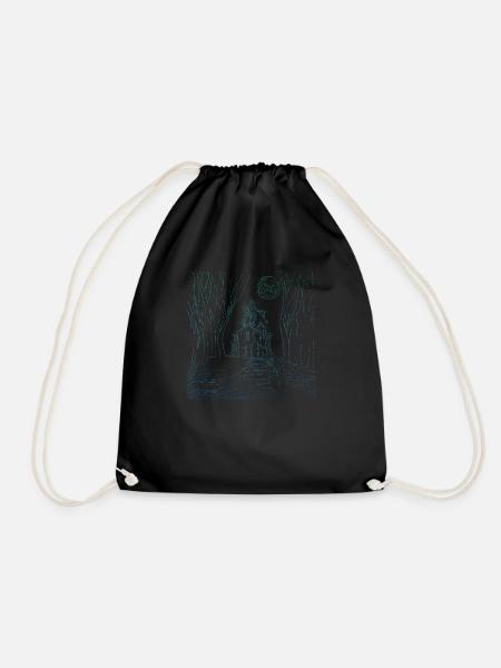 creepy house blue silhouette design logo gift - Drawstring Bag - black