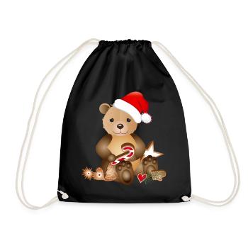 goldiger Bär für Weihnachten mit Weihnachtsmütze - Turnbeutel - Schwarz - Vorne