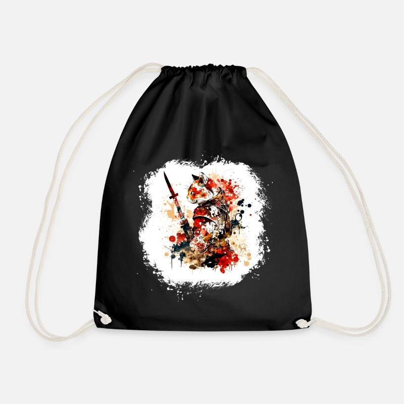 Samurai Cat Red Black - Drawstring Bag - black