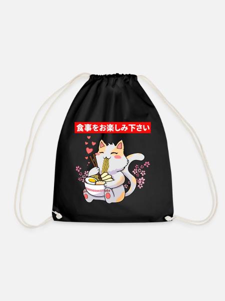 Cute cat eating a bowl of ramen - Drawstring Bag - black