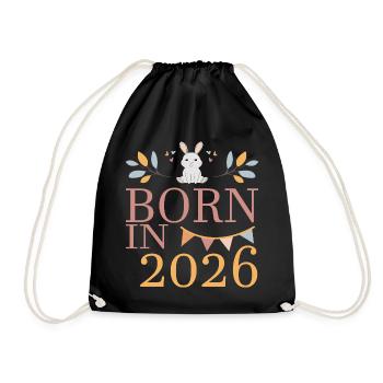 Baby Geboren in 2026 Born in 2026 Süßer Hase - Turnbeutel - Schwarz - Vorne