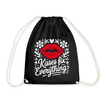 Kisses solve everything – lip motif flowers - Drawstring Bag - black - Front