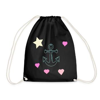 Pastel Anchor Doodle with Hearts and Star - Drawstring Bag - black - Front