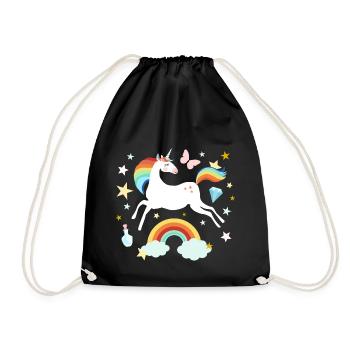 springendes Einhorn Regenbogen Pferd Wolken Sterne - Turnbeutel - Schwarz - Vorne