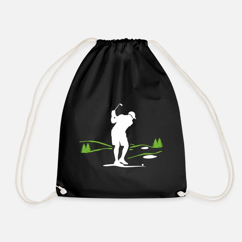 Golfer silhouette on green landscape - Drawstring Bag - black