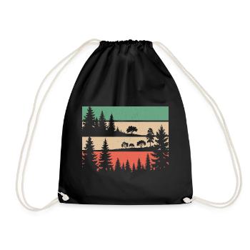 Retro Wald Natur Silhouette Bäume Motiv Wandern - Turnbeutel - Schwarz - Vorne