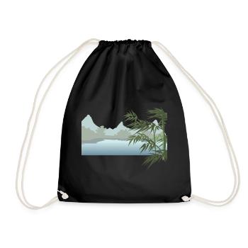 River landscape with palm leaves - Drawstring Bag - black - Front