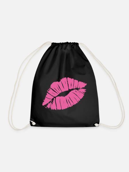 Smooch Pink Lipstick Kiss Mark Love Statement Tee - Drawstring Bag - black