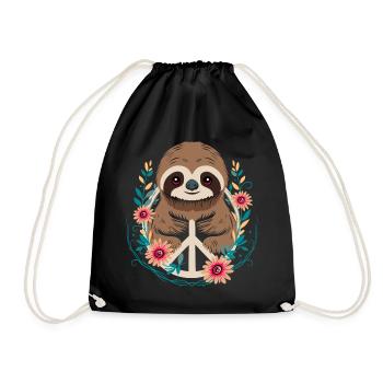 Sloth with peace sign and flowers - Drawstring Bag - black - Front
