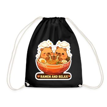 Capybara Ramen & Relax Sticker - Drawstring Bag - black - Front
