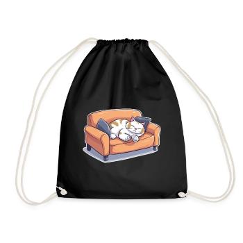 Cat Oversleeping Tired Couch Sofa Funny Cartoon - Drawstring Bag - black - Front