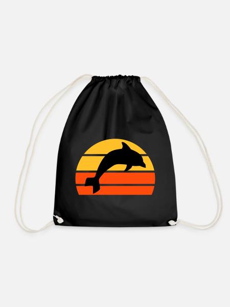 Jumping dolphin in front of a divided half sun - Drawstring Bag - black