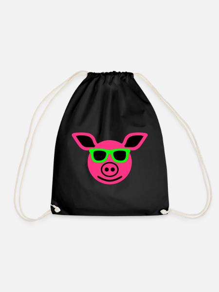 Pig with sunglasses - Drawstring Bag - black