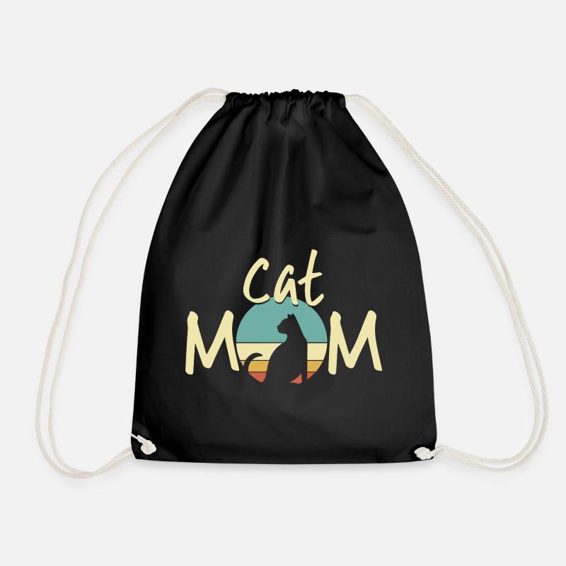 Cat Mom Sunset Illustration - Kitten Lover Gift - Drawstring Bag - black