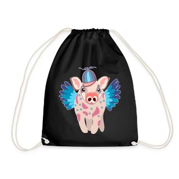 Pastel Winged Pig with Beanie - Drawstring Bag - black - Front