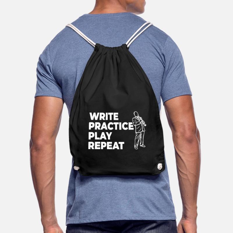 Writing, practicing, playing, repeating Drawstring Bag