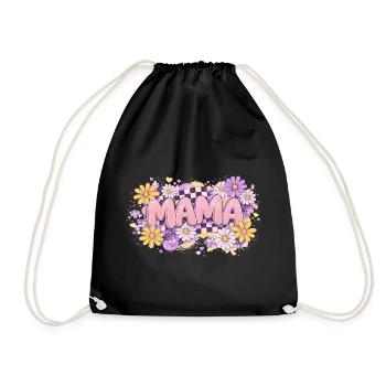 MAMA Retro-Schachbrett- und Pastellblumen | Chic - Turnbeutel - Schwarz - Vorne