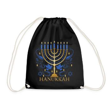goldfarbener Hanukkah Leuchter mit zwei Tauben - Turnbeutel - Schwarz - Vorne