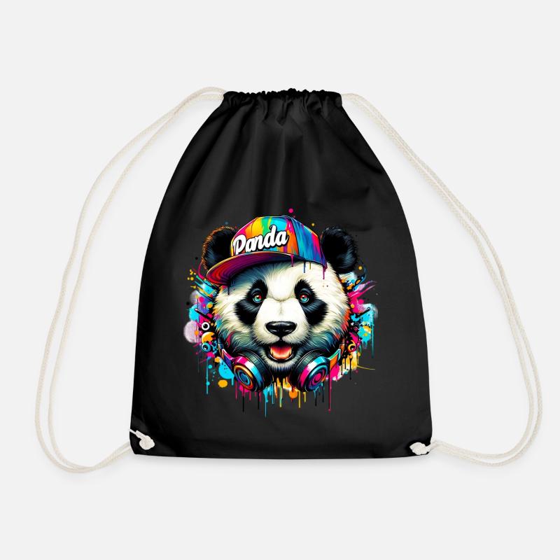 Panda DJ Deejay mit Kopfhörern hört Musik - Turnbeutel - Schwarz