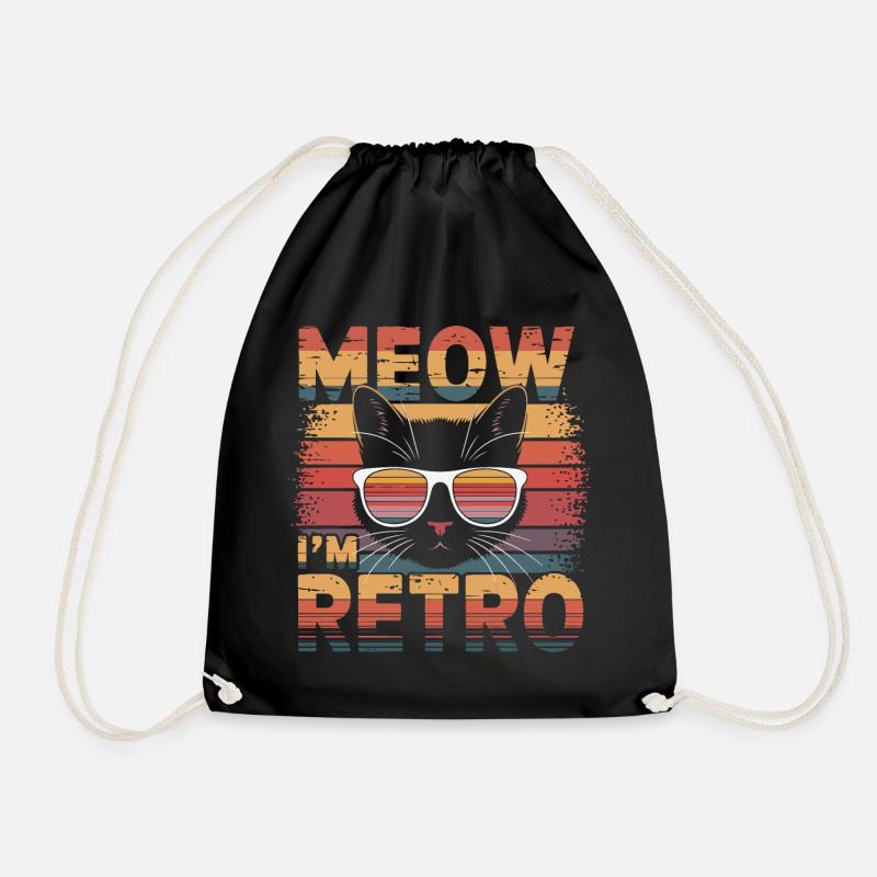 Retro Cat with Sunglasses and Text - Drawstring Bag - black