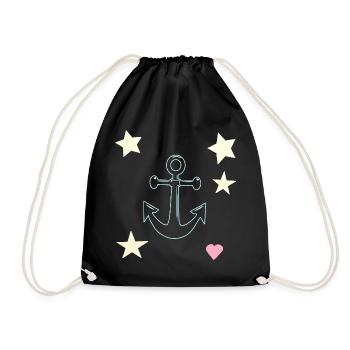 Anchor Hand Drawing with Star Heart - Drawstring Bag - black - Front